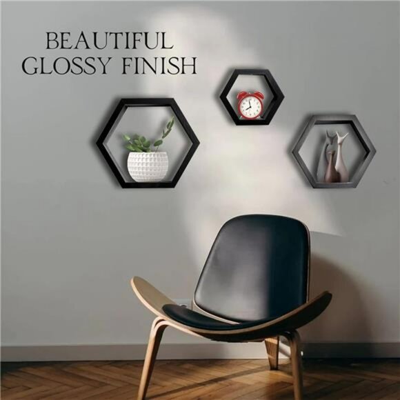 Set of 3 hexagon wall shelves wood floating honeycomb shelf rustic wall decor - Picture 5 of 8